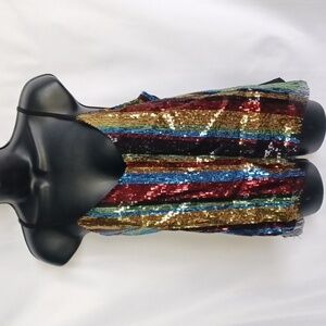 Lavish Sequin Striped Top Raw Hem Waist Adjustable Straps Sz M, 18" PTP x 23"L